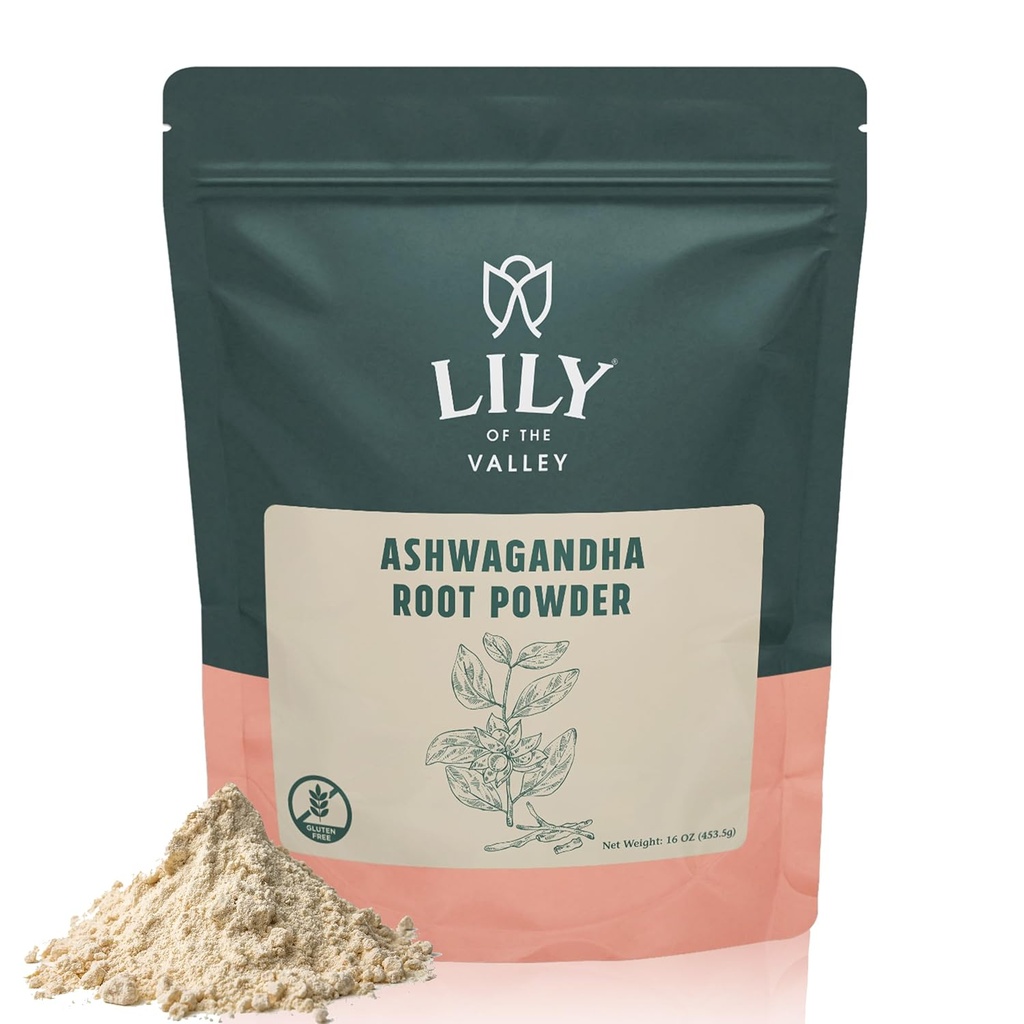 LÍLIA DO VALLEY Ashwagandha Raiz em pó - Withania Somnifera - Fonte da Índia - Sem enchimento Sem aditivos - Ginseng indiano Vegan & Gluten Free - Embalado em Pouch Resealable (16 onças, 453g)