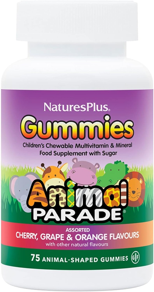Natural NaturesPlus Animal Desfile Fonte de Vida Gummies - Laranja Natural, Grape e Cherry Flavors - 75 Gummies Animal Shaped - Multivitamin Kid's Whole Food - Gluten-Free - 37 Servings