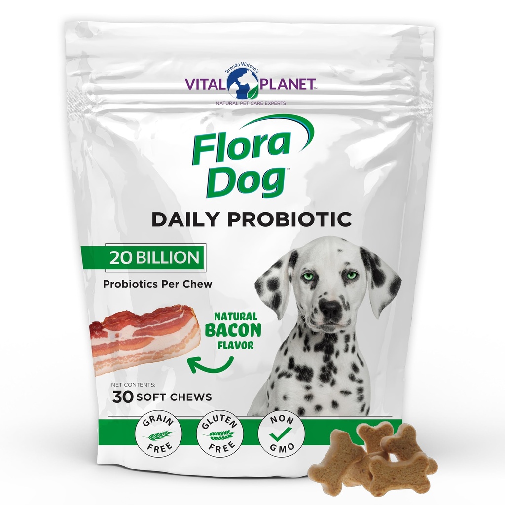 Planeta Vital - Flora Dog Probióticos, Mastigar Dog Suplemento com 20 Culturas de Bilhões e 11 Strains, Imune e Suporte Digestivo Probióticos Mastigáveis para Cães, 30 Natural Bacon Flavored Soft Chews