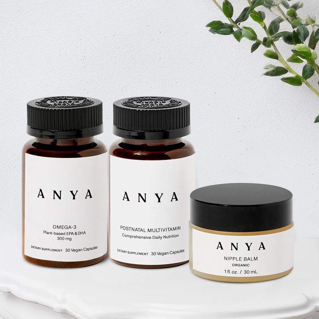 Anya Multivitamin + Nipple Balm Bundle Postpartum Essentials para Mulheres, Suplementos Pós-Natais para Aleitamento Materno