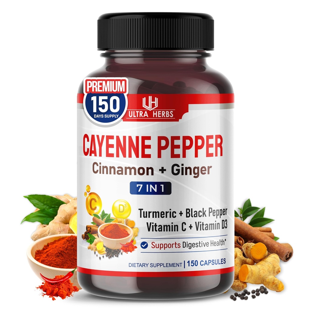 Cayenne Pepper 7 em 1 - - com gengibre, açafrão, canela, pimenta preta - promove a função do sistema digestivo (150 dias de fornecimento (Pacote de 1))