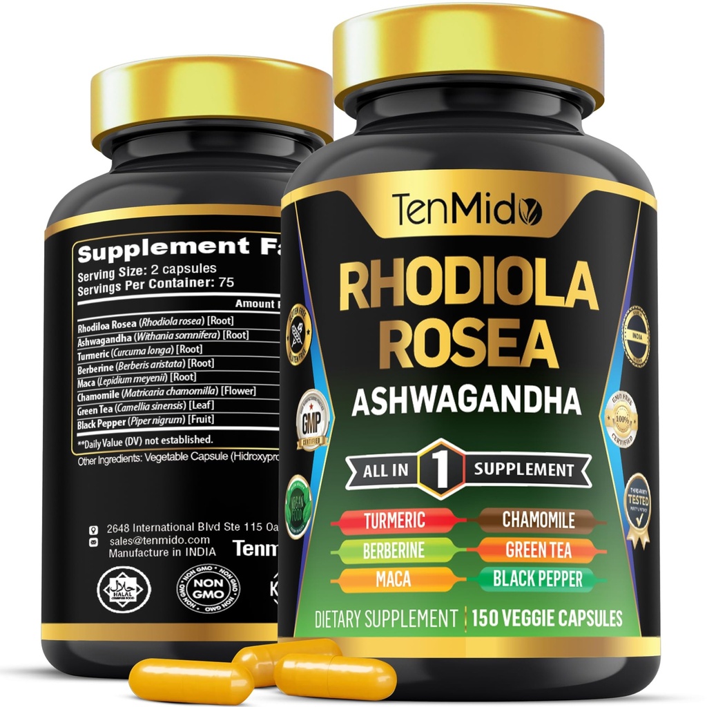 Rhodiola Rosea Supplement - Fórmula 8in1 - Combine com Ashwagandha, Açafrão, Berberine, Maca, Camomila, Chá Verde e Pimenta Negra - Nutriente Rico - 150 Cápsulas Vegan