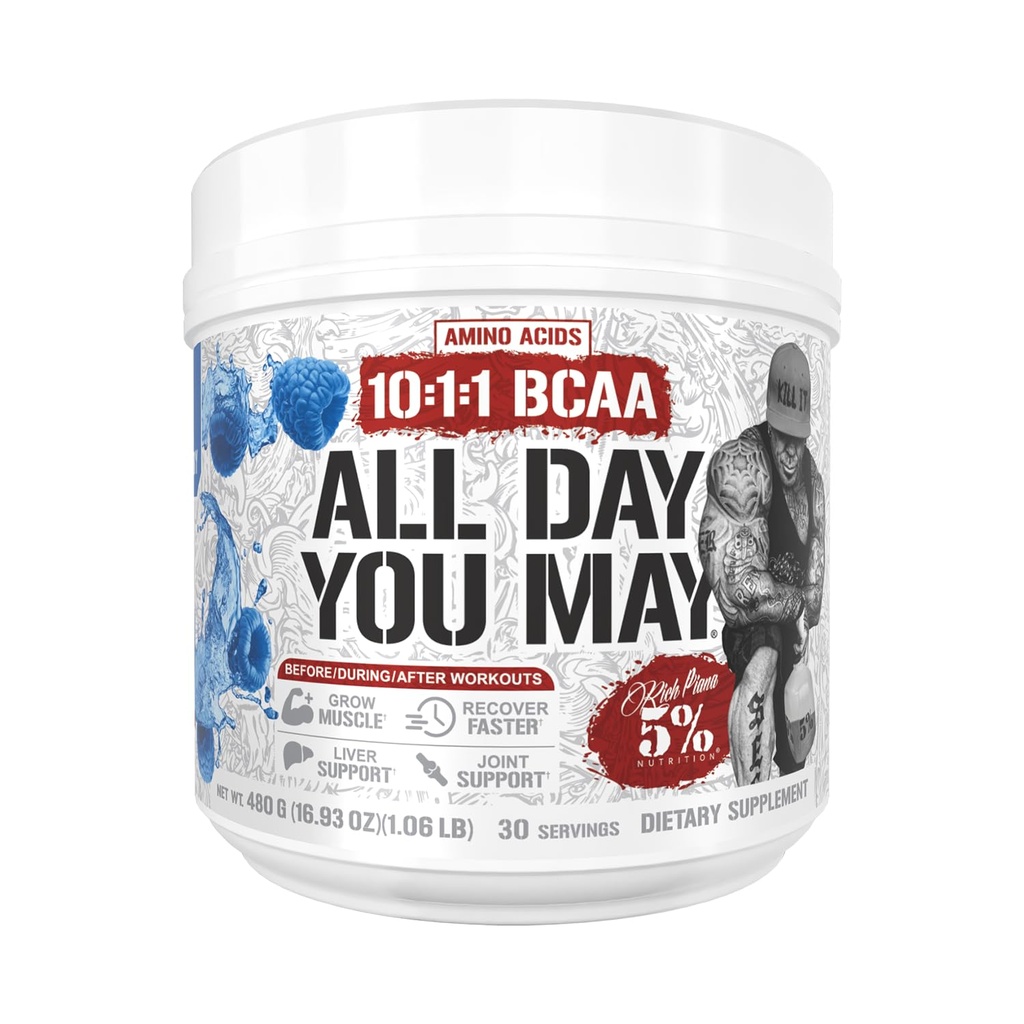 5% Nutrition Rich Piana AllDayYouMay BCAA Powder □ Premium Intra & Post Workout Amino Acids, EAA, Eletrolíticos □ Hidratação, Endurance, Recuperação