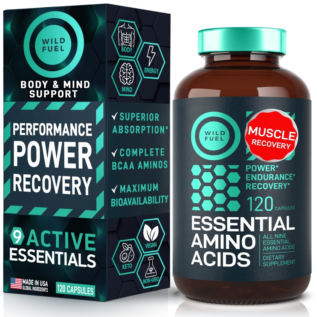 Suplemento Aminoácidos Essenciais - Todos os 9 EAAs com BCAAs Aminoácidos (Leucina, Lisina, Valina, Treonina) - 3.000mg por serviço - Crescimento muscular, Poder, Recuperação - 120 Vegan, Cápsulas grátis de cafeína