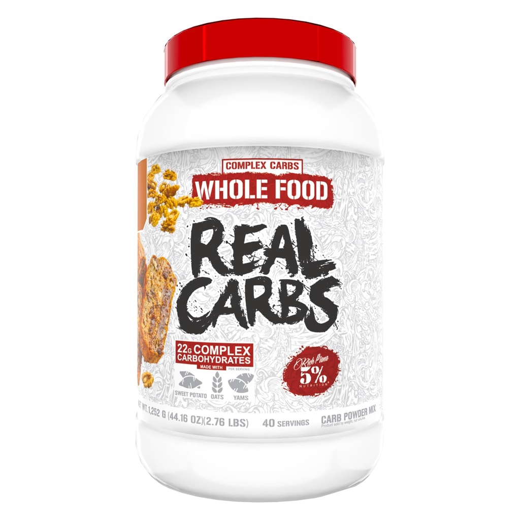 5% Nutrition Rich Piana Real Carbs with Real Food Complex Carb Powder, Long-Lasting Low Glycemic Energy for Pre-Workout/Post-Workout Recovery Refeição, 2,7 Lb, 40 Servings (Banana Nut Bread)