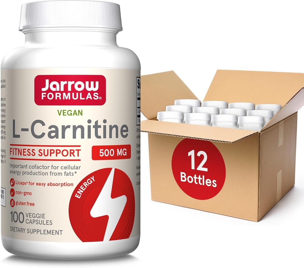Jarrow Fórmulas L-Carnitine 500 mg - 100 Leggie Licaps - Cofactor importante para a produção de energia (ATP) de gorduras - Suplemento dietético - Vegan - Até 100 Servings, Pacote de 12