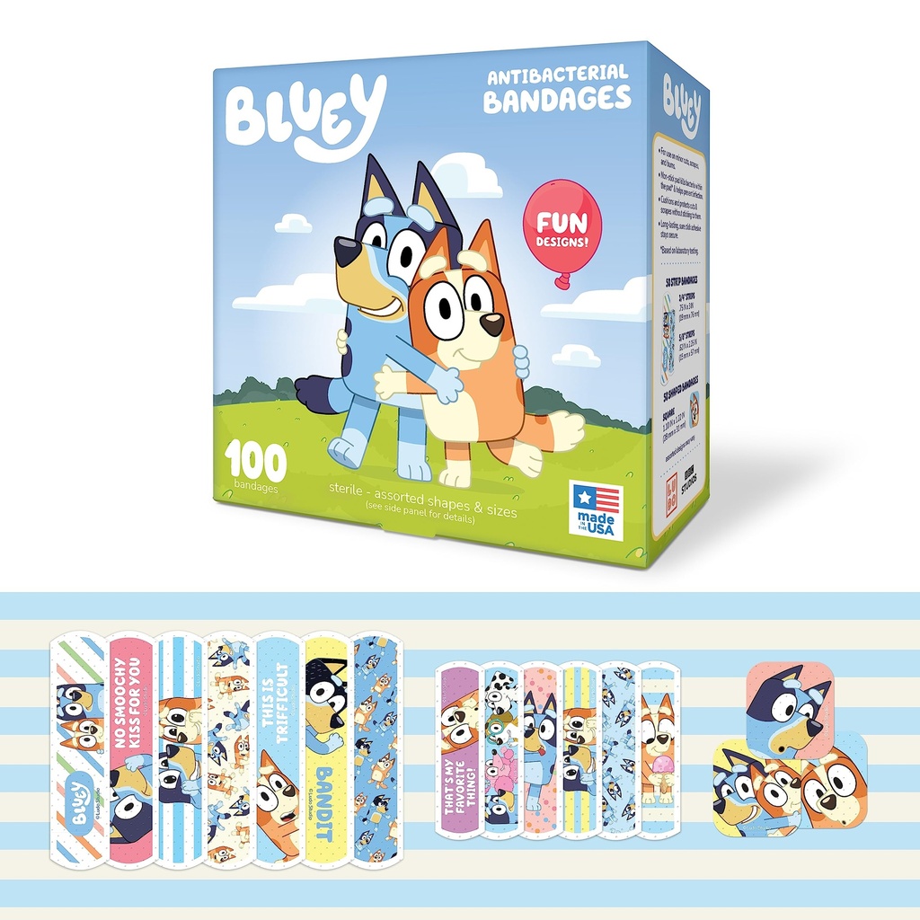 Bandagens Bluey Kids, 3 Tamanhos variados 100 CT □ Use como adesivos, bandagens de adesivo flexível para cortes menores, raspas e queimaduras. Grande idéia do presente e meia Stufter