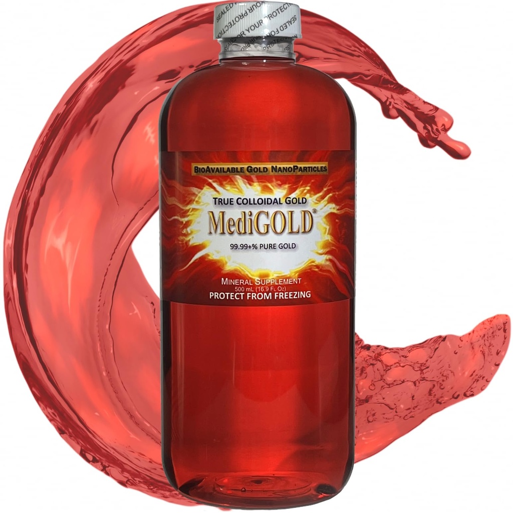 MediGOLD® True Colloidal Gold AuNP Nutritional Supplement - 500 mL em garrafa plástica transparente