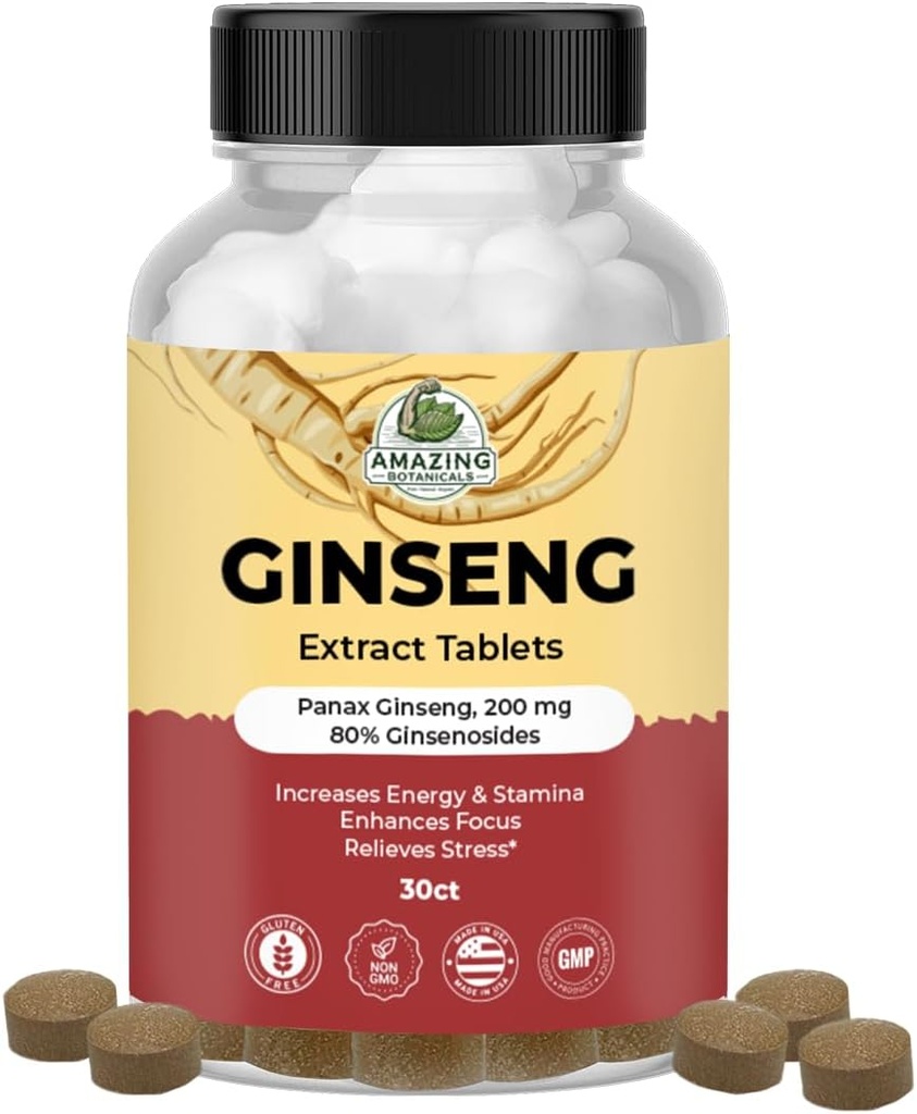 Incrivel Botanicals Panax Ginseng Extract Comprimidos - 200mg Ginsenosides de alta potência 80% para energia e relaxamento - Suplemento de ervas naturais para reforço cognitivo - 30 Comprimidos