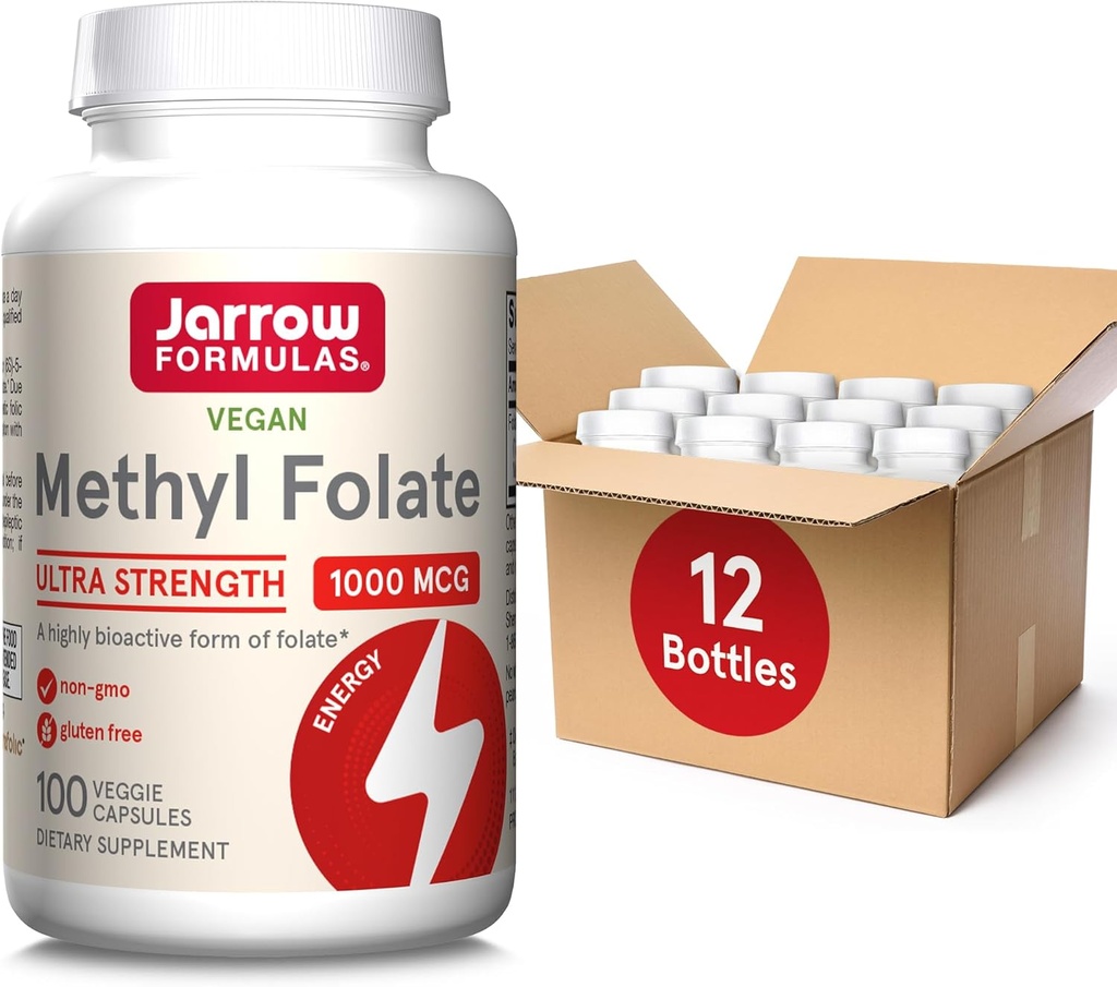 Fórmulas Jarrow Folato de metilo 1000 mcg, Suplemento dietético, Folato de metilo para suporte de energia celular, 100 Cápsulas Veggie, Fornecimento de 100 dias, (Pacote de 12)