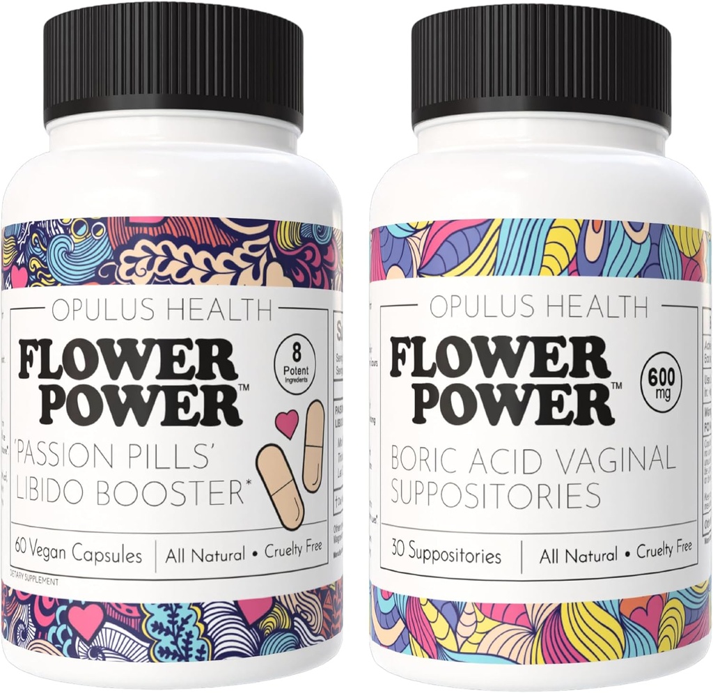 Poder da flor - pílulas de paixão Libido Booster & Supositórios de ácido bórico – Pacote de cuidados femininos totalmente naturais para melhor Libido, controle de Odor, e saúde vaginal equilibrada – 60 Cápsulas Vegan, 600mg – Ma