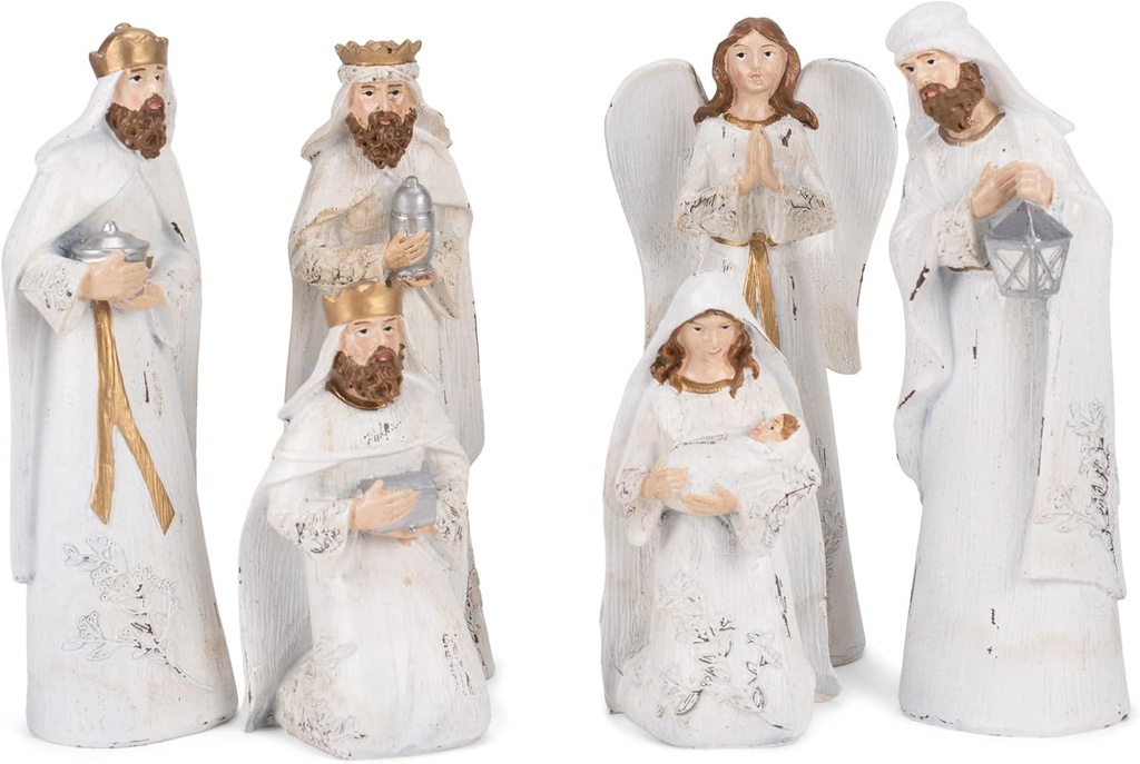 Conjunto de Figuras de Natividade de Resina de Resina de 7 Polegadas de Branco e Ouro Transpac