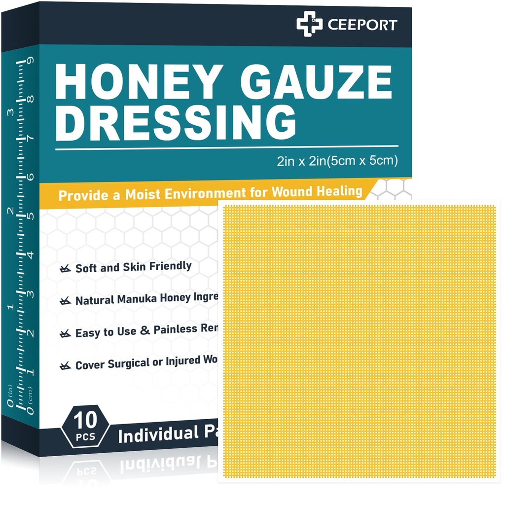 Manuka Honey Gauze Wound Dressing 2" x 2", 10 pacotes Manuka Honey Wound Care Pads, Bandagens de Honey grau médico para cuidados de ferida, Honey Patch para cura mais rápida de queimaduras, abrasões, cortes e escaldaduras