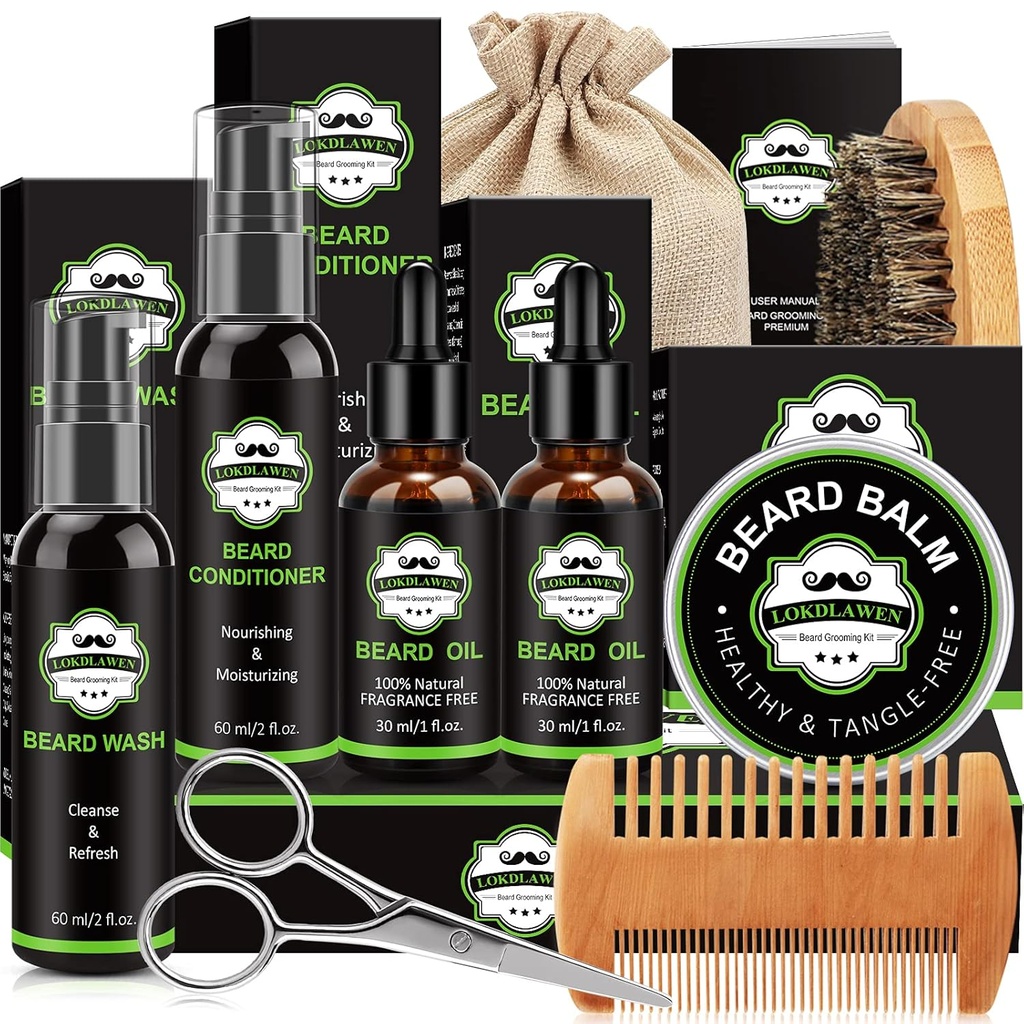 Kit de barba para homens com lavagem de barba, Condicionador de barba, Óleo de barba, Balm de barba, Escova, Comb, Tesouras, Saco de armazenamento, Presentes para homens pai marido namorado