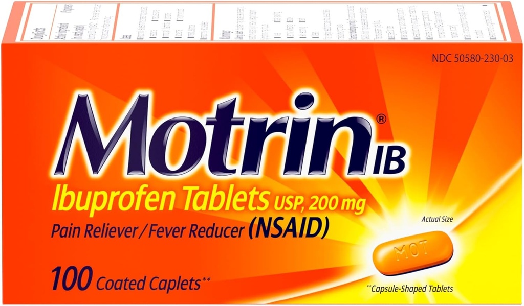 Motrina IB, Ibuprofeno 200mg Comprimidos, Relíever da Dor e Redutor da Febre para dores musculares, dor de cabeça, dor nas costas, Cães Menstruais e Artrite Menor Dor, AINE, 100 Ct