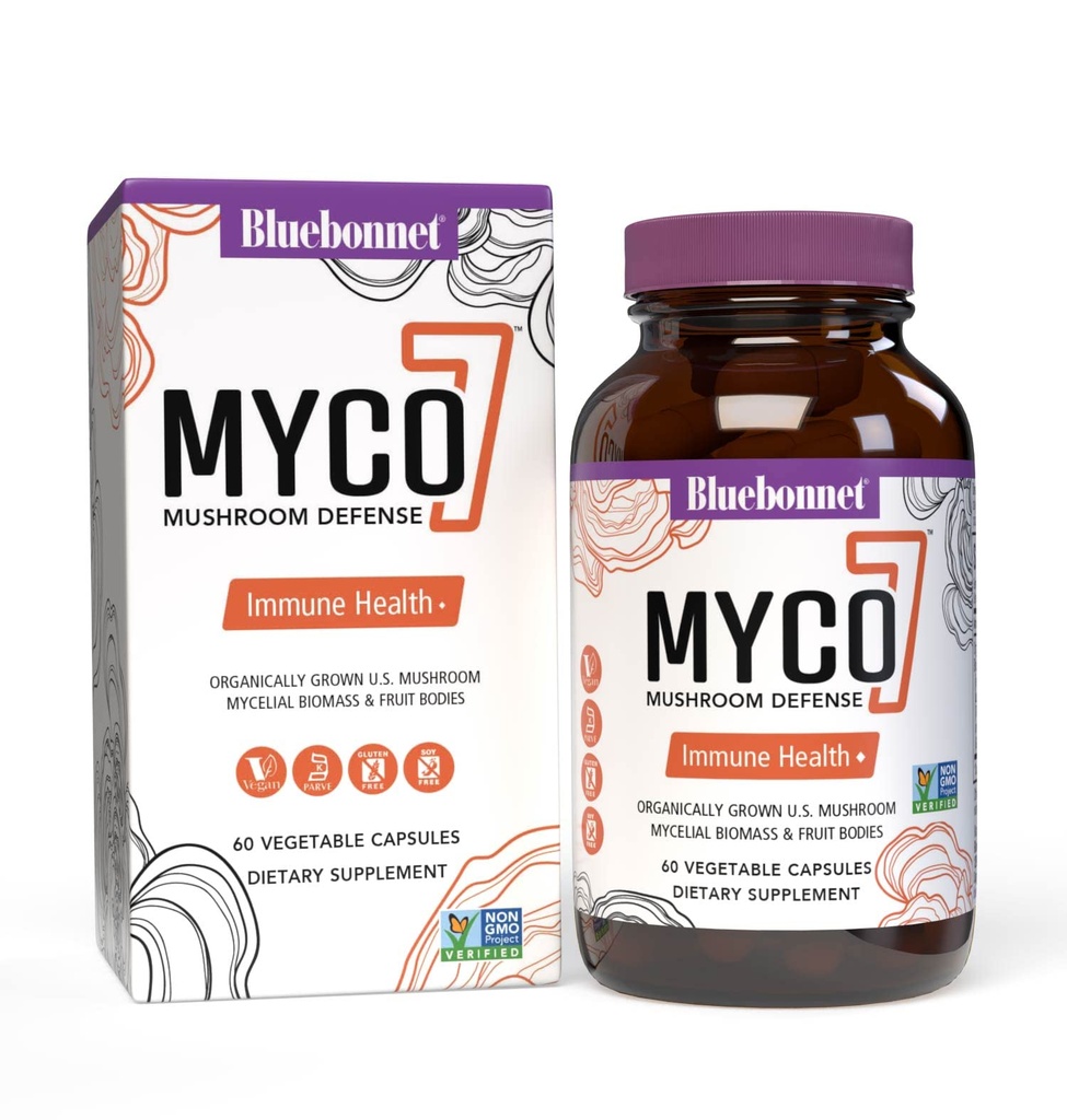 BlueBonnet Nutrition Myco-7 Mushroom Defense – 7 Organicamente crescido EUA inteiros, cogumelos de ciclo completo – para Imune & Wellness - sem soja, sem glúten, não-GMO, Kosher, e Vegan – 60 Cápsulas vegetais