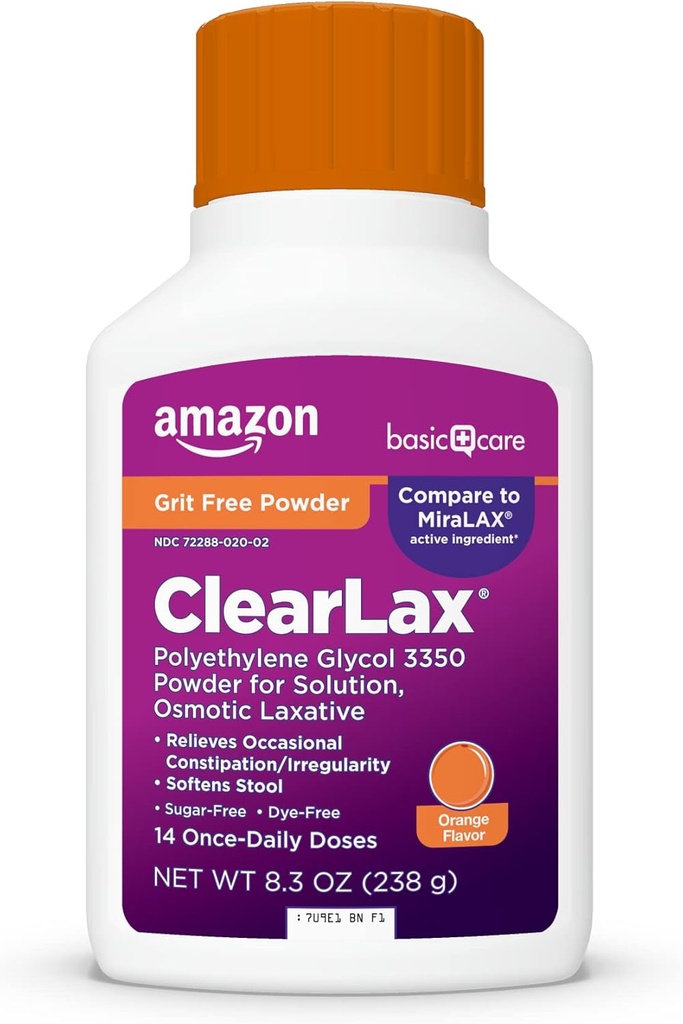Cuidado básico ClearLax Polietileno Glicol 3350 Pó para Solução, Aroma laranja, Laxante osmótico, Macio de fezes, Alivia Obstipação ocasional, 8.3 onça (Pacote de 1)