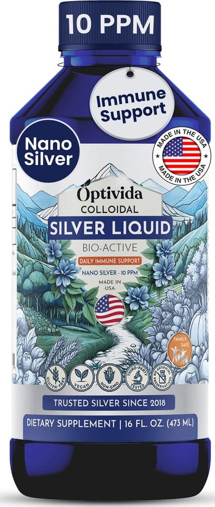 Optivida Health Nano Coloidal Silver Liquid (1 LB) – Suplementos de suporte imunológico com hidrosol de prata, líquido para suporte imunológico, prata coloidal para sistema imunológico, 10 PPM.