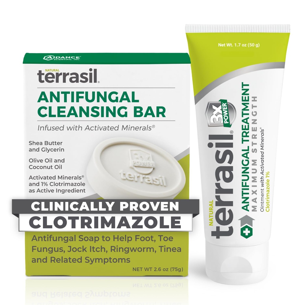 Creme antifúngico terrasil + Kit antifúngico de sabão 2-Produto Clinicamente-Proven Clotrimazol Tratamento eficaz e alívio: Jock Coceira Atletas Foot Fungal Yeast Infection Ringworm (50g Tube & 75g bar)