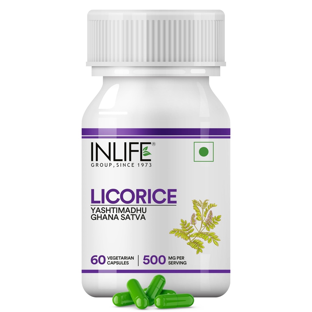 Extrato de raiz de alcaçuz INLIFE (Yasthimadhu) padronizado para > 20% Suplemento de ácido glicirrízico, 500 mg - 60 Cápsulas vegetarianas