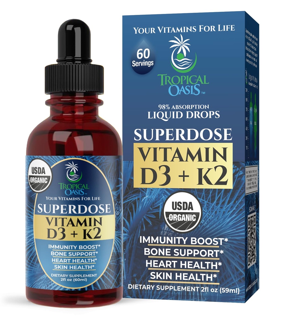USDA Vitamina Líquida Orgânica D3 K2 Drops para Adultos Superdose 8000UI Vitamina Pura D3 60 Serv □ Vitamina D K2 Suplemento para Suporte Imune e Saúde Óssea □ 98% Absorção □ Vegan, Non-GMO 2 Fl Oz