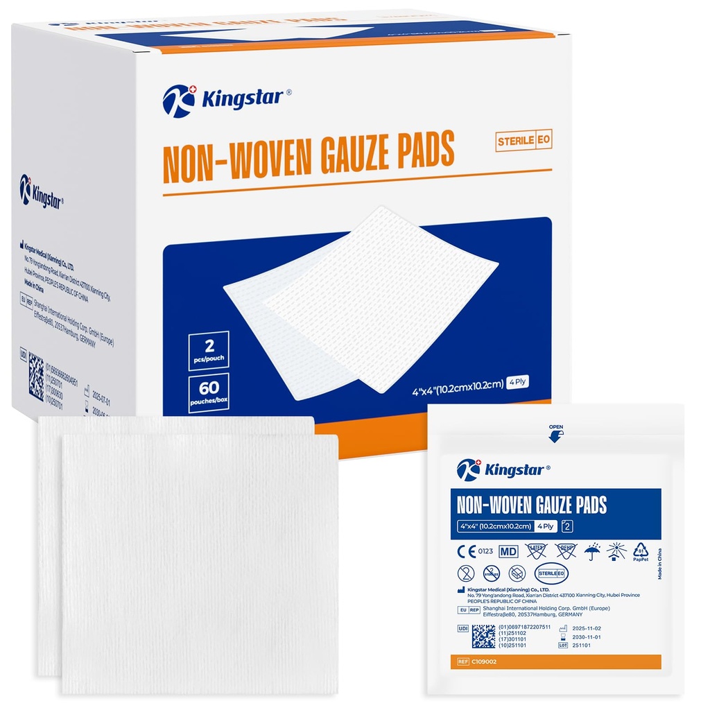 Pads de gaze não tecido Kingstar, 4"x 4" Vestido de Ferida, 60 Packs - 120 Peças Superior Soft Esponja Pads, Absorvente Superior Compressas para Trauma ou Cuidado Pós-Operativo Ferimento