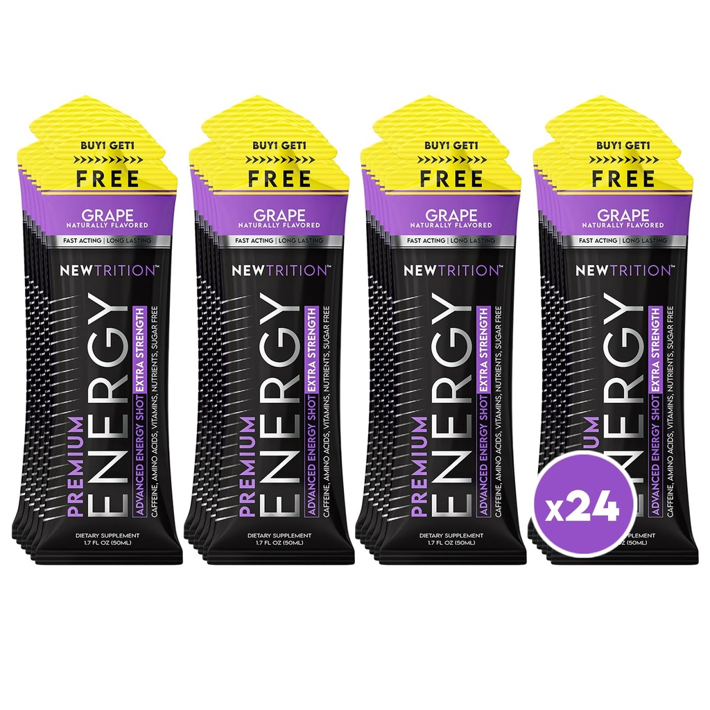NewTrition® Extra Strength Energy Shots, 250mg Cafeína Energy Shots com vitamina B & Aminoácidos, Sugar-Free Vitamina Energy Shot, 1,7 fl oz (Pacote de 24, Uva)