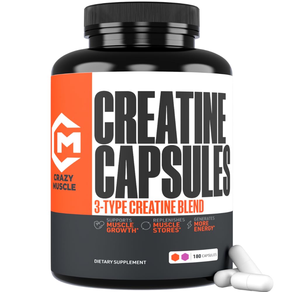 Creatina Cápsulas, 5g Premium 3X ThreeAtine Pre Treino Massa muscular em massa Gainer, alta absorção Fácil de tomar Creatina Mono-hidrato comprimidos Desempenho Optimum Alternativo para homens Mulheres, 180 Cápsulas