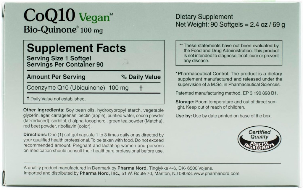 CoQ10 Vegan Bio-Quinone 100 mg, 180 Softgels □ Premium Coenzima Baseada em Planta Q10 Suplemento com Ingredientes Não-GMO para a Saúde Optimal