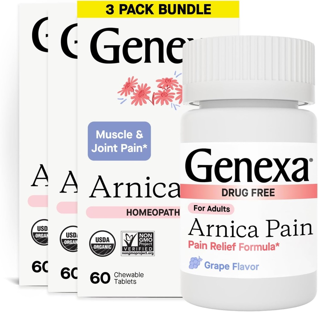 Genexa Arnica Tablets for Pain Relief Formula | Alleviate Muscle & Joint Pain, Soreness, & Stiffness | Delicious Organic Grape Flavor | Homeopathic Remedy Made Clean | 300 Chewable Tablets (3 Pack)