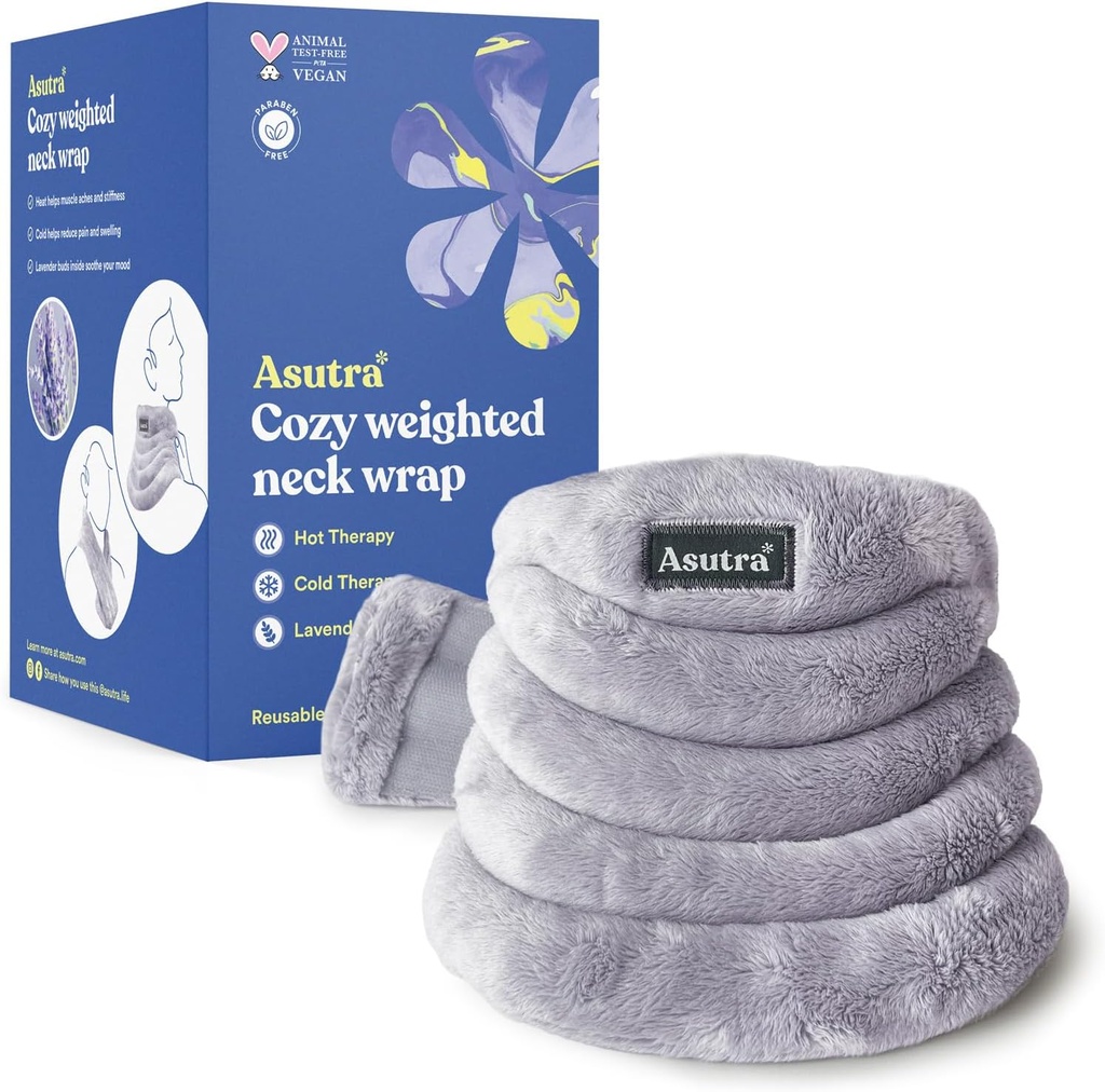 ASUTRA Heighted Neck Wrap, Plush Gray - Hands-free Microwaveable Heating Pad para pescoço e ombros, Compressão quente e fria, Aromaterapia de lavanda