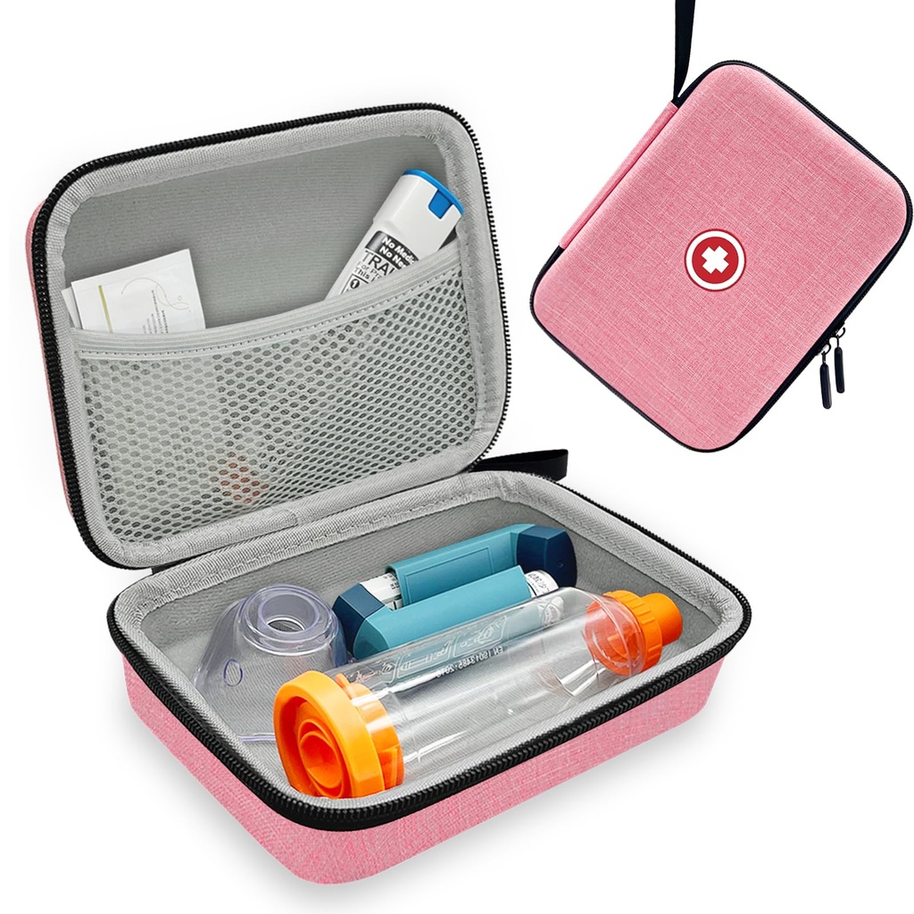 Caso de espaçador de inalação dura para crianças e adultos, caso de inalação de asma com malha bolso para medicina e outros acessórios, Pink (Bag Only)