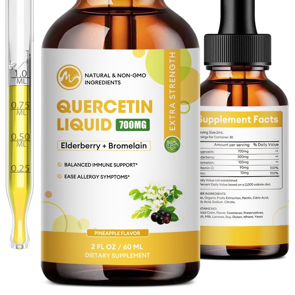 Quercetin Liquid Drops - Quercetin Suplementos 700mg - 4X mais forte do que pílulas e cápsulas - 5 em 1 Quercetin com Bromelain Elderberry Vitamina para Imunidade Saúde Respiratória Cuidados da pele - 2 Fl Oz