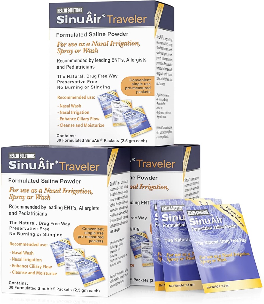 SinuAir 2.5 Gram Saline Packets - Cloreto de Sódio com Potássio e Cálcio, Solução Salt Powder Refil Packs para Máquina de Irrigação nasal, 90 Packets
