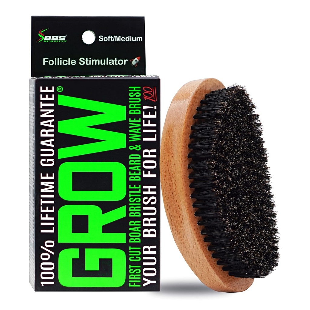 Escova de barba de javali CRESCIMENTO e escova de onda 360 para homens – Escova de crescimento de barba e bigode – Escova de barba para homens e estimulador de folículos – Exfoliate, Detangle & Boost Circulation – EUA Made