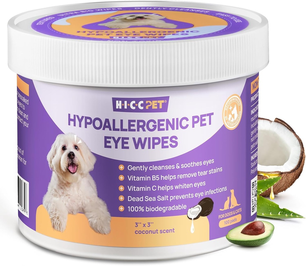 HICC PET Eyes Wipes para cães e gatos, Vet-recomendado cão tratamento de infecção ocular, gentilmente remover tear stain, Debris, descarga - Hipoallergenic Pet Eye Washer para olhos, rugas, rosto - 100pcs