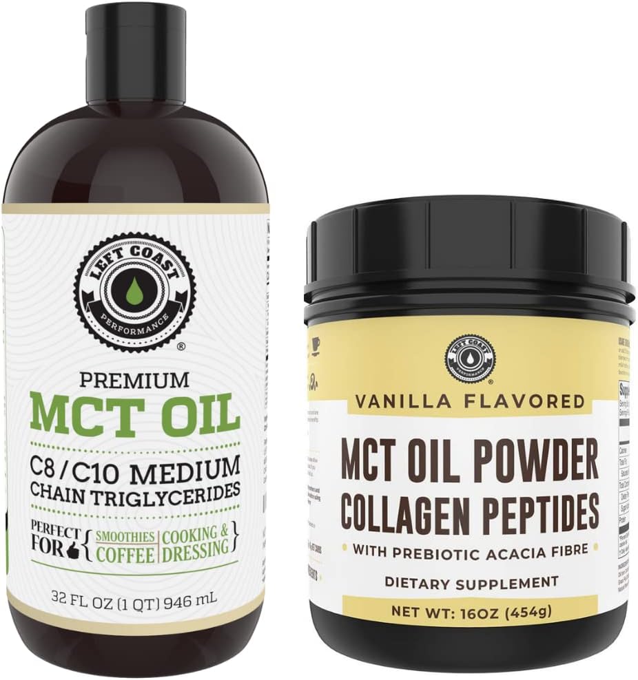 Desempenho Costa Esquerda MCT Premium de 32 onças e Vanilla MCT de 16 onças + Pó de colágeno