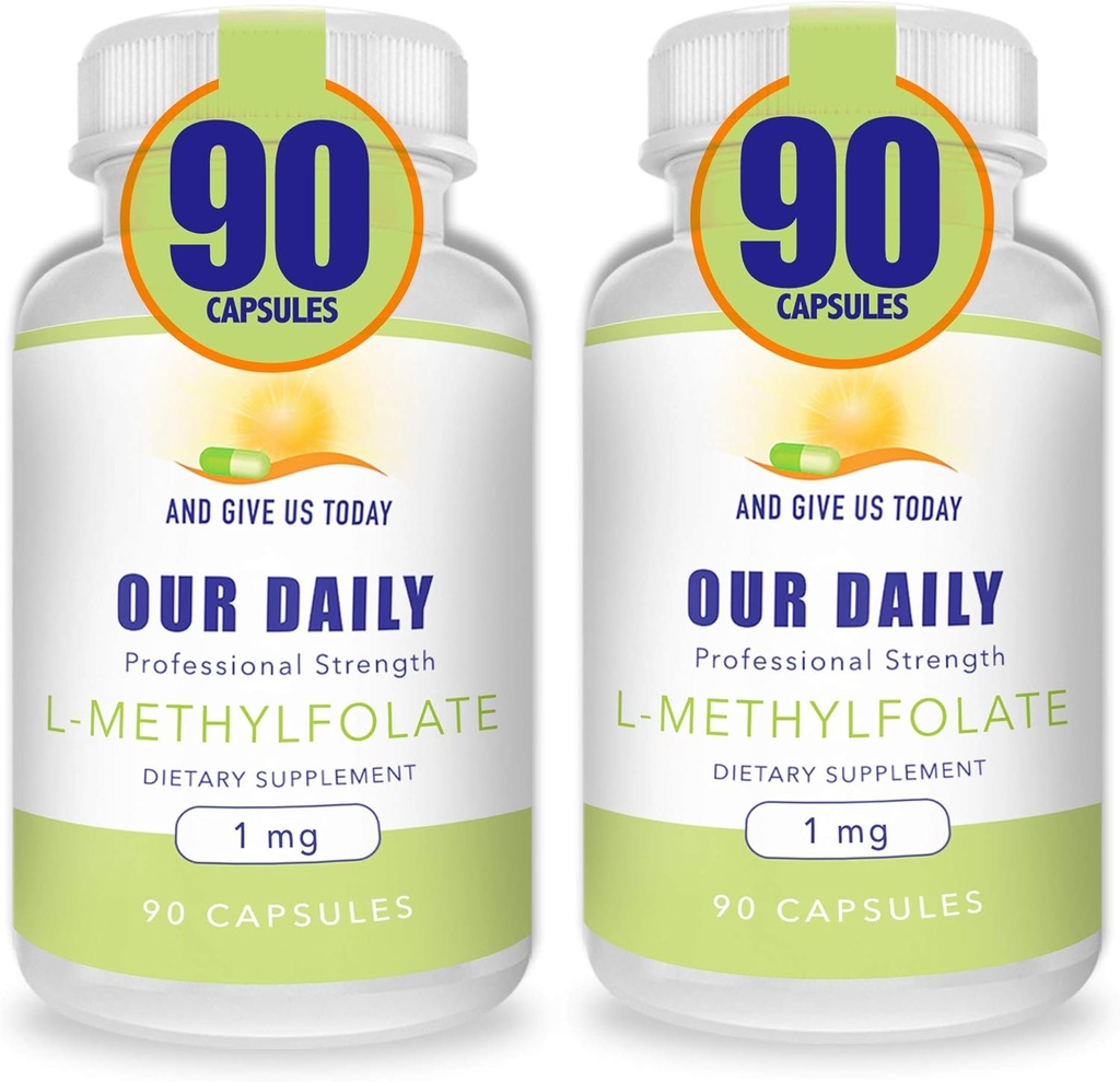 Nossos Vites diários L-Metilfolato 1mg / 1000 mcg de dosagem máxima Folato ativo, 5-MTHF, Filler Free, Gluten Free, Não-GMO, Cápsulas vegetarianas 90 Contagem (Pacote de 2)