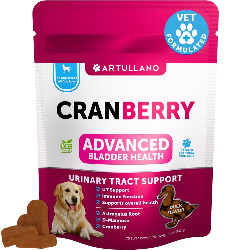 Tratamento de ITU do cão - Suplemento de cranberry & Controle de bexiga para cães - Infecção Incontinência do trato urinário Pílula, Pedras de bexiga - Tratamentos de Medicina UTI - 70 mastigações macias para suporte renal com óleo de peixe