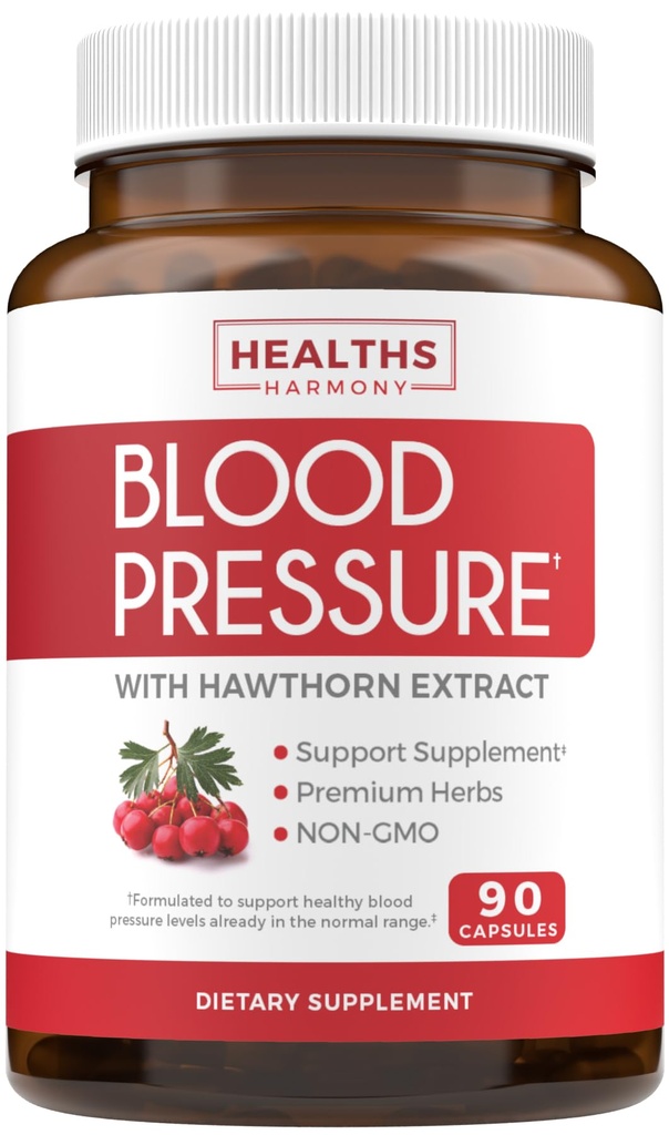 Suplemento de suporte à pressão arterial (NON-GMO) Premium ervas naturais, vitaminas e berries - alta dosagem de extrato de Hawthorn Berry – Suporta níveis de pressão arterial já no intervalo normal – 90 cápsulas