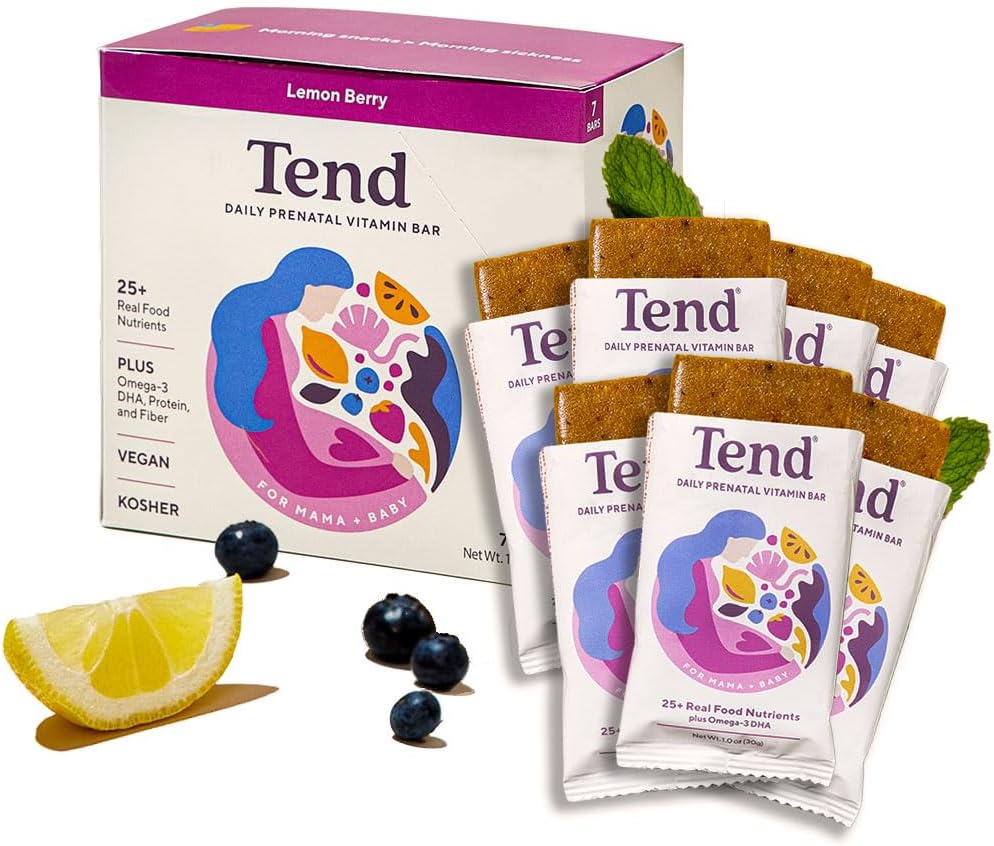 Tend Daily Best Prenatal Vitamina Bar, feito com ingredientes orgânicos para mães grávidas e pós-parto, inclui DHA, vitamina D, B, cholina, folato - limão Berry (7ct)