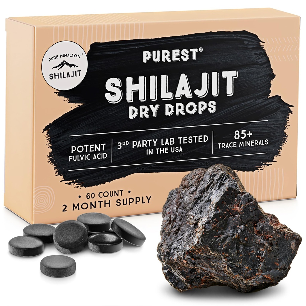 Puro Himalayan Shilajit Dry Drops, 100% puro natural Shilajit, grau A, potência máxima 85+ Minerals traço limpo e ácido fulvico para energia, metabolismo e Imune Suporte Suplemento para homens e mulheres (60 abas)