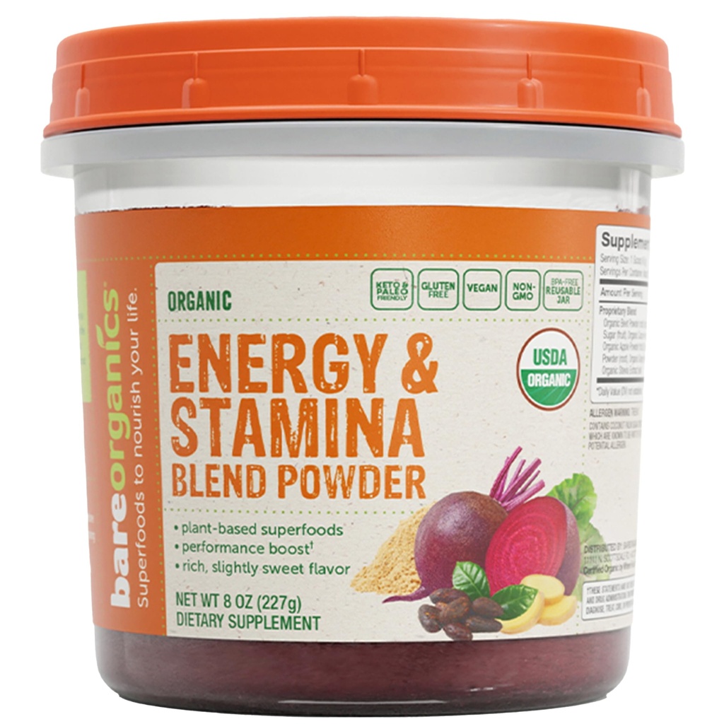 BareOrganics Energy & Stamina Blend Powder - Superfood Performance Booster with Beet, Maca & Cacao, Vegan, Non-GMO, Gluten-Free Natural Energy, 8 Oz