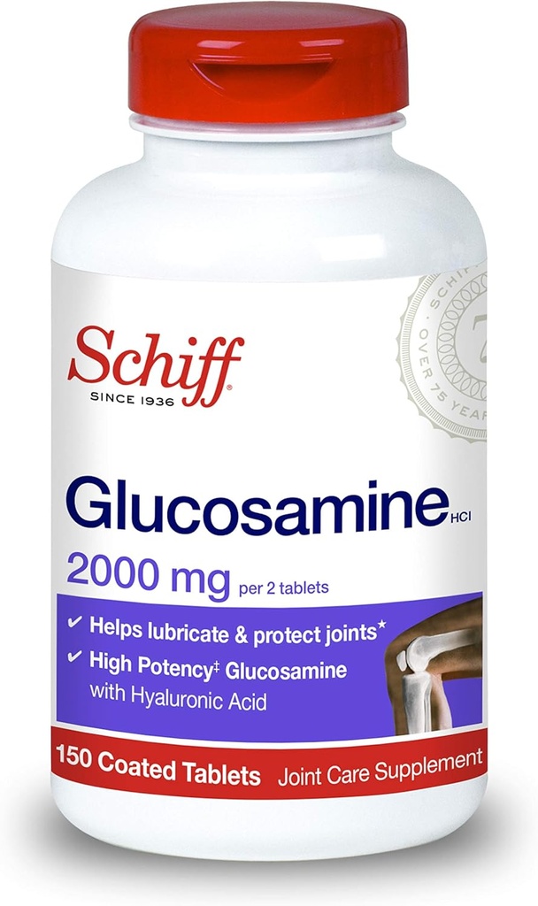 Schiff Glucosamina 2000mg (por serviço) + Comprimidos de Ácido Hialurônico (150 Count in a Bottle), Suplemento de Cuidados Conjuntos que Ajuda a Apoiar Mobilidade Conjunta e Flexibilidade, Suporta a Estrutura da Cartilagem