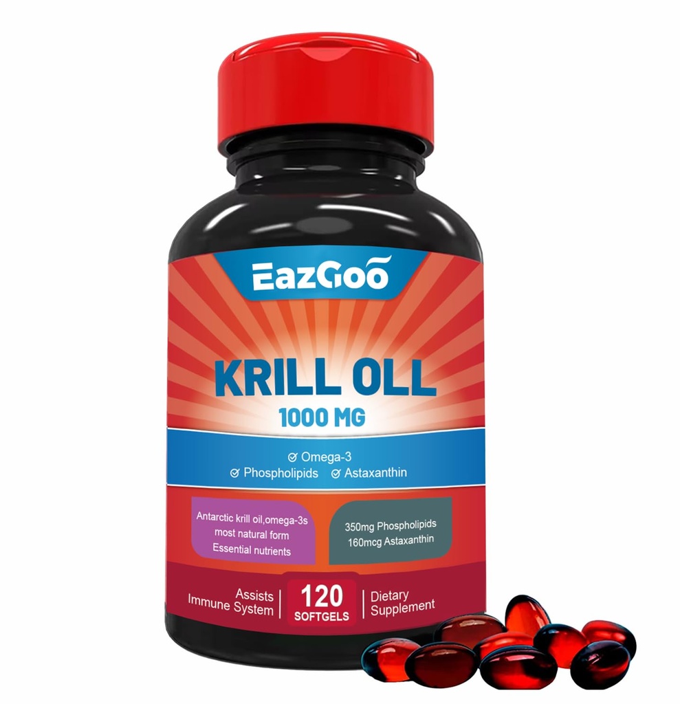Óleo de Krill Antártico 1000mg, suplemento Omega 3, EPA, DHA, fosfolipídios e astaxantina- 120 Softgels