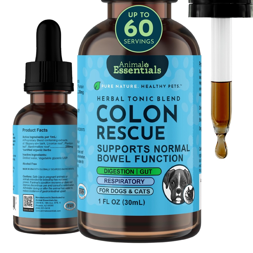 Resgate de Colón de Essenciais de Animais para Cães e Gatos - Alivio de Obstipação, Maciador de fezes com Elm Slippery, Raiz de Marshmallow, Raiz de Alcaçuz - 1 Fl Oz