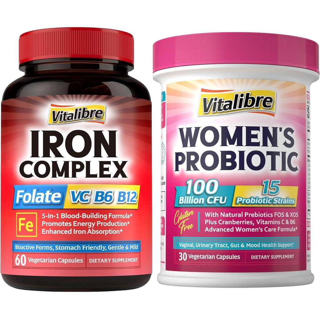 Suplemento de ferro para mulheres e homens, com Vitaminas C, B6, B12 & Folato+Vitalibre Probióticos femininos 100 bilhões UFC, 15 Strains, w / Prebiótico, Cranberry, Vitamina B6 & VC,
