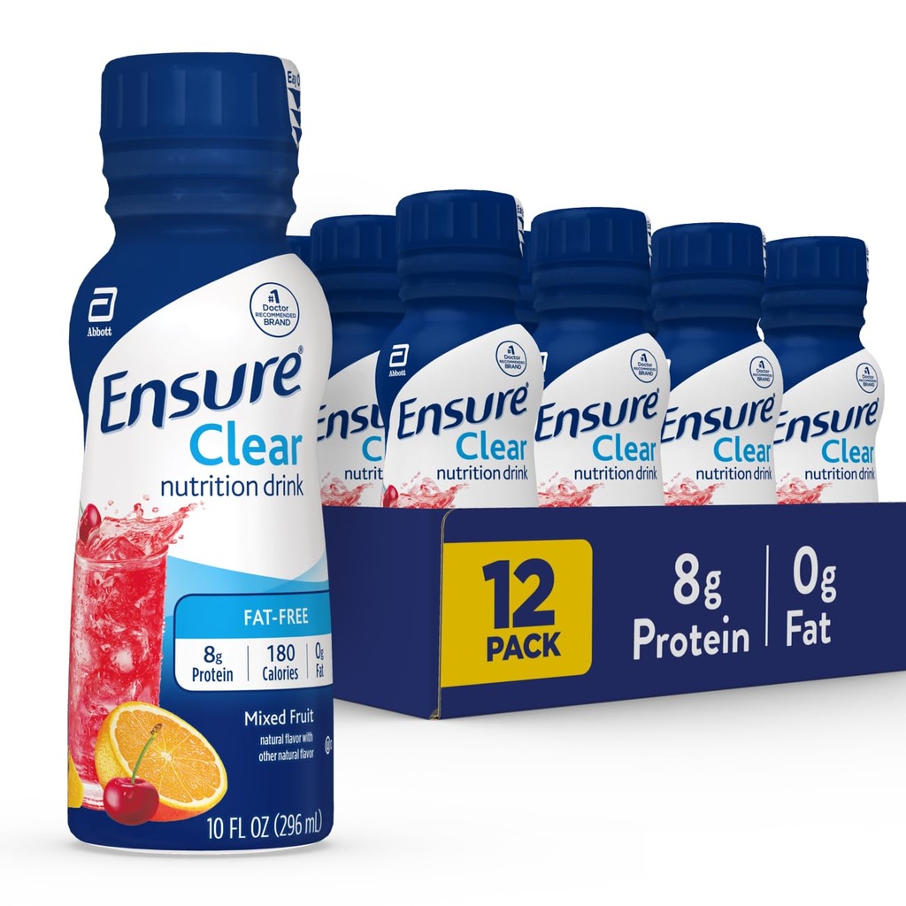 Certifique-se de uma bebida nutricional clara de frutas mistas, proteína 8g, 15 vitaminas e minerais, livre de gordura, pronto para beber, sabor refrescante, 10 fl oz, 12 embalagem