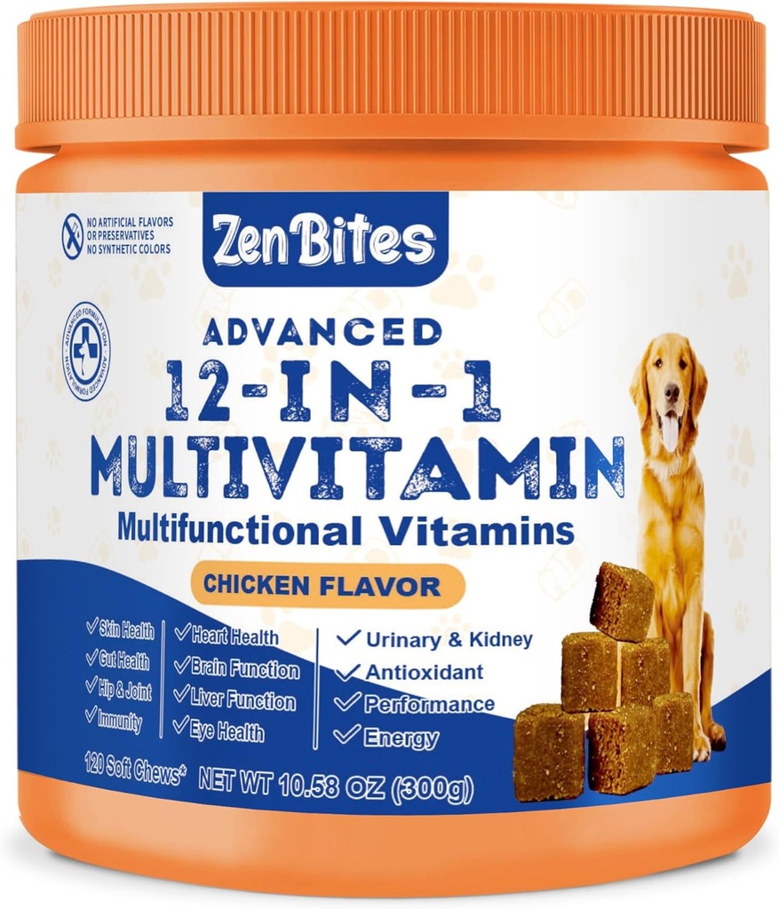 12-em-1 Vitaminas e Probióticos para cães 120 mastigação suave - Multivitamina orgânica com glucosamina para cães - Suplemento de suporte conjunto para cães de todas as idades, tamanhos, & raças, suporta pele, coração, imunidade