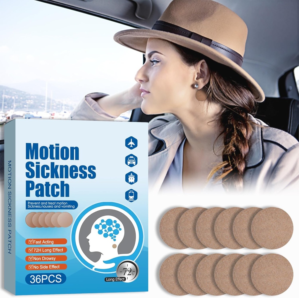 Movimento Sickness Patches - Tonturas Vertigem e alívio de náuseas - Movimento Sickness Patches para carro de cruzeiro e passeios de barco e viagens de avião, por trás da orelha Patches Motion Sickness para adultos e crianças, 36 Conde